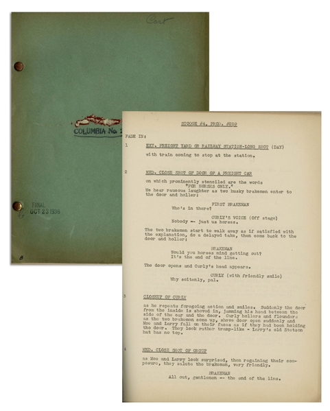 Moe Howard's 32pp. Script Dated October 1936 for The Three Stooges Film ''Grips, Grunts and Groans'' -- Some Red Gummy Adhesion to Front Cover, Else Very Good Condition